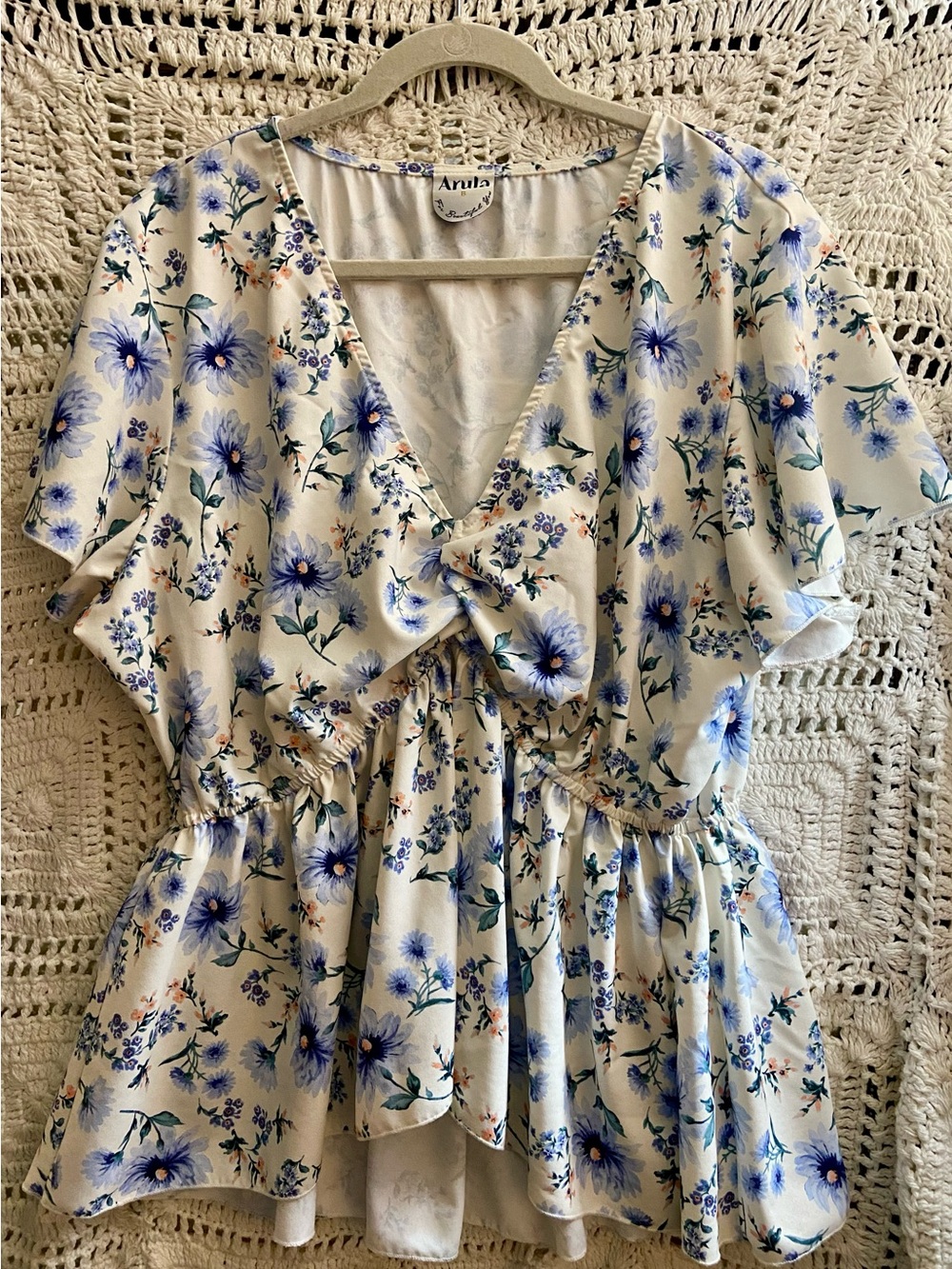 Arula 2X Blue Floral Peplum Blouse Flutter Sleeve Cottagecore
